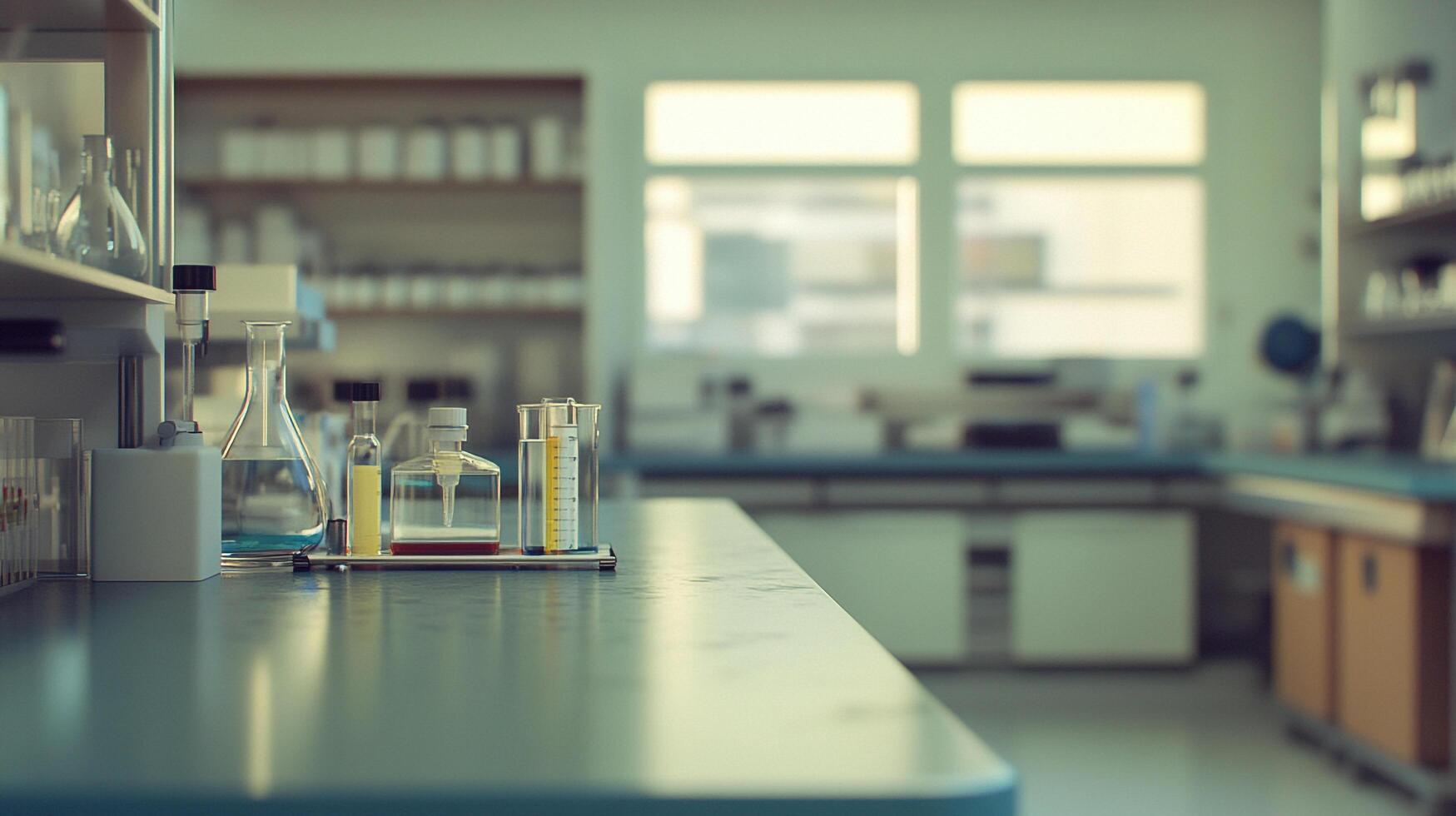 Laboratory glassware on a counter in a research facility, showcasing the tools of scientific study and experiment. photo