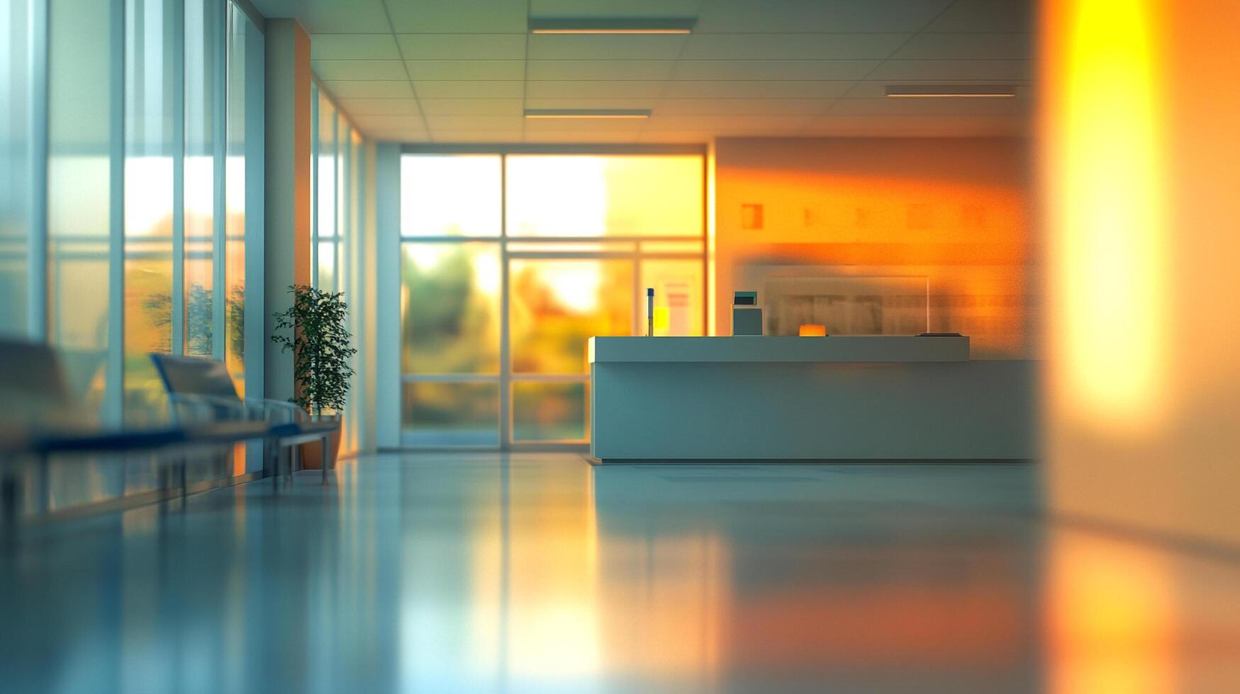 Sunlit, tranquil interior featuring a modern reception area and seating. Bright, calming atmosphere with clear glass windows. photo