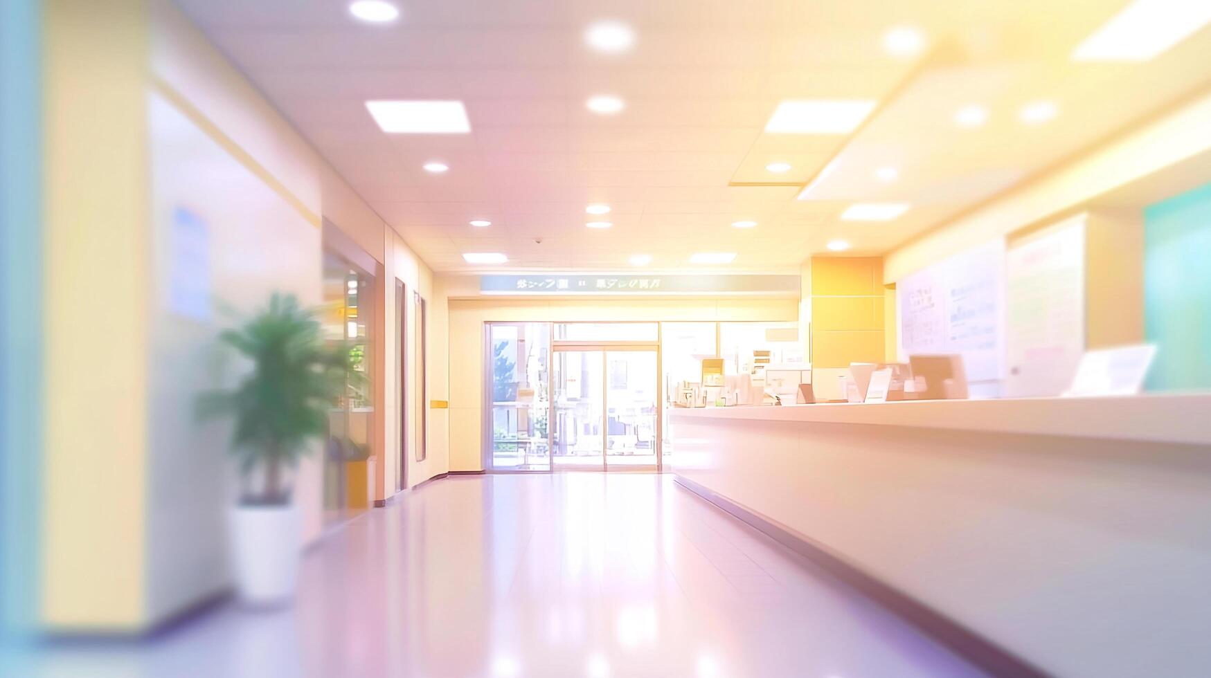 Bright, sterile hallway leading to the reception area in a medical clinic or hospital, bathed in soft, diffused sunlight. photo