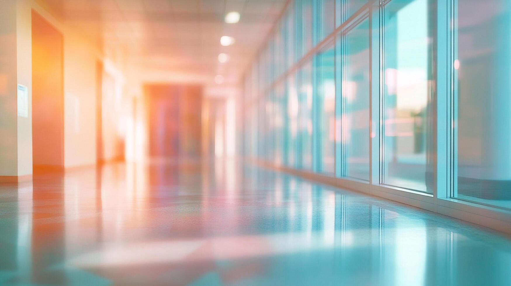 Sunlit corridor with large glass windows. Long hallway with light streaming in, creating a warm yet sterile, modern and calming atmosphere. photo