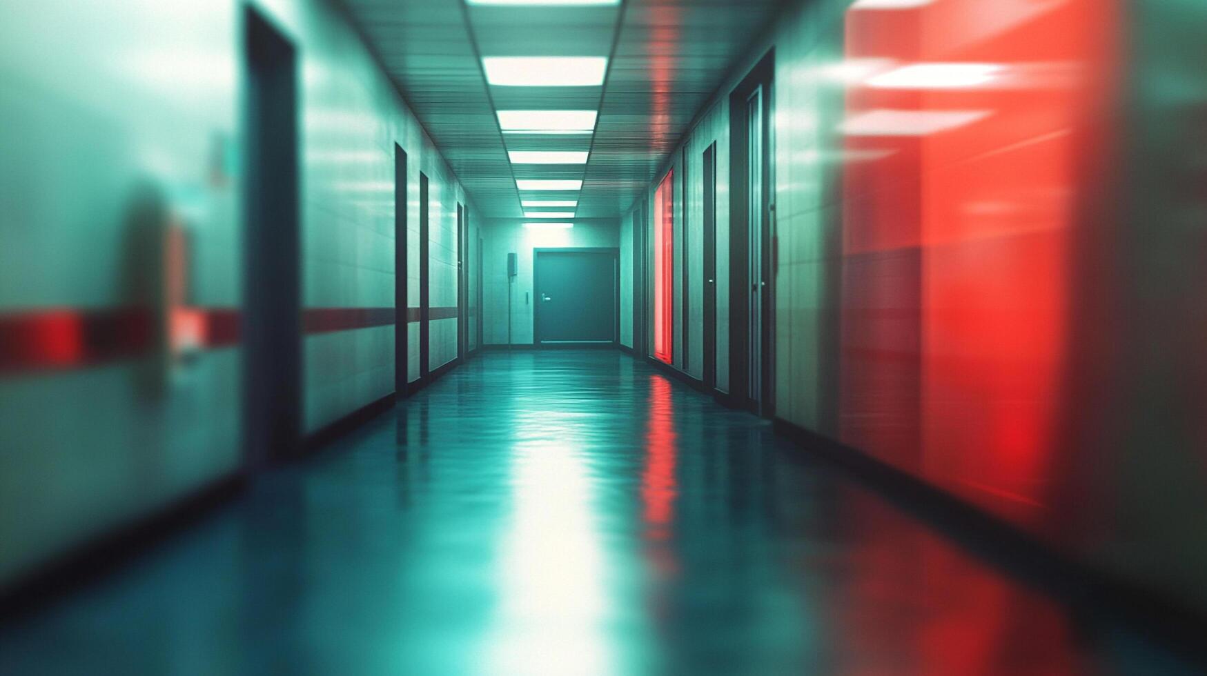 A long, empty hallway with repeating doors reflecting an ominous red glow on its shiny floor stretches into the depths of the building. photo
