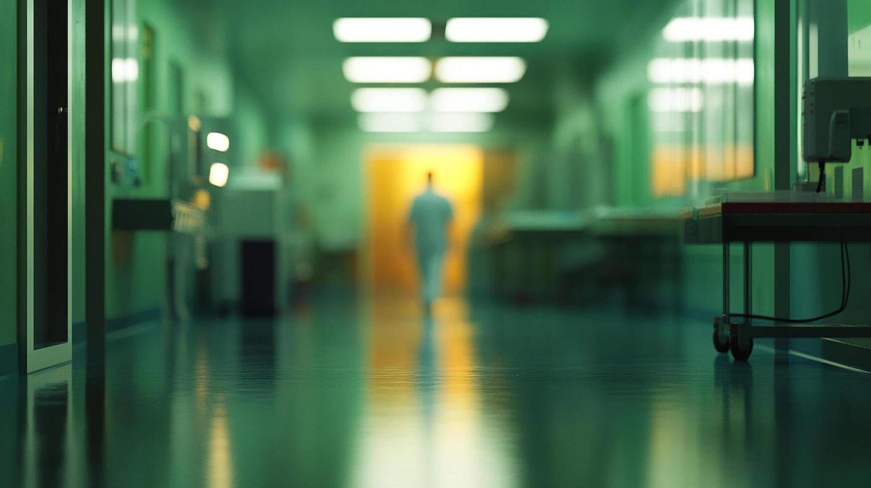 A blurry view of a green hallway with shiny floors and a person walking away into the light at the end. Interior scene, healthcare setting. photo