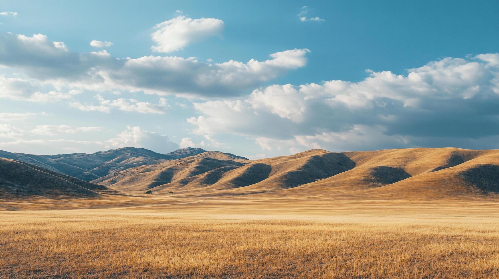 Panoramic view of rolling hills under a partly cloudy sky, featuring golden grasslands meeting distant mountains for a tranquil landscape. photo