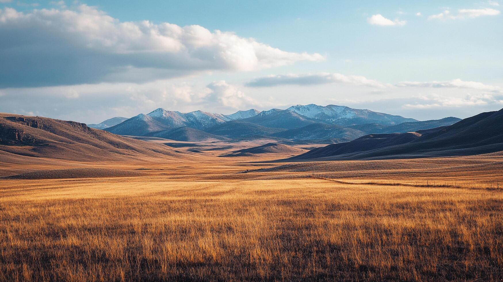 Golden grasslands meet distant, snow-capped mountains under a sky streaked with clouds, creating a serene and expansive landscape. photo