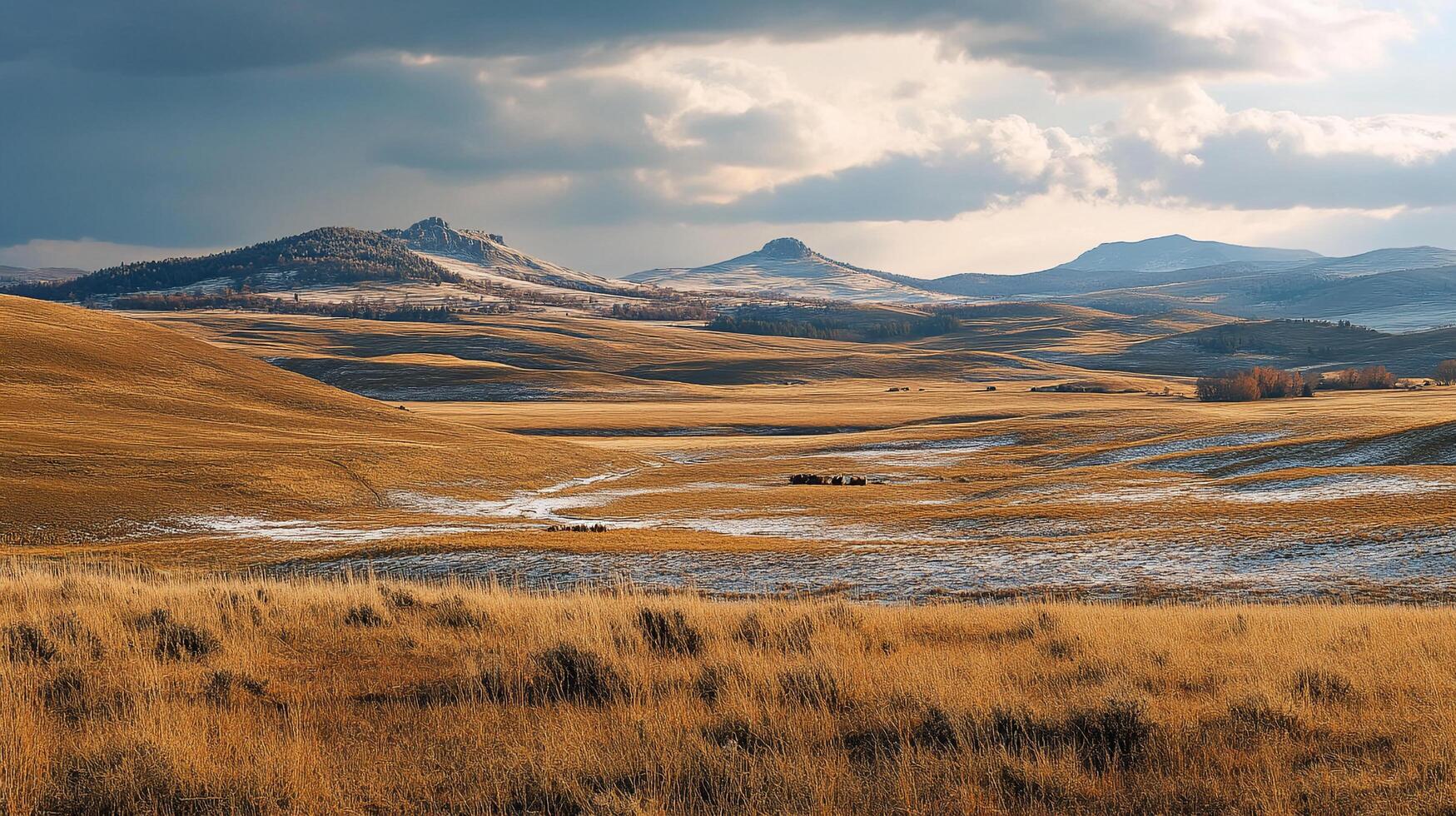Vast golden grasslands meet distant, snow-dusted peaks under a dynamic sky, portraying nature's grandeur and serene beauty. photo