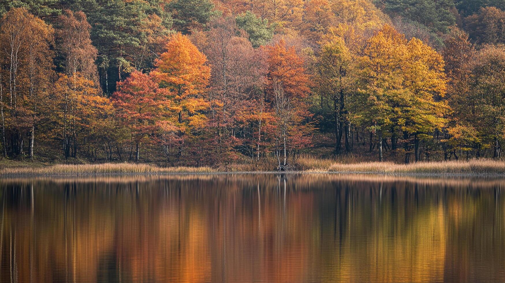 Reflections on an autumn day paint a vibrant scene, where the fiery forest meets the tranquil lake mirroring nature's colorful display. photo