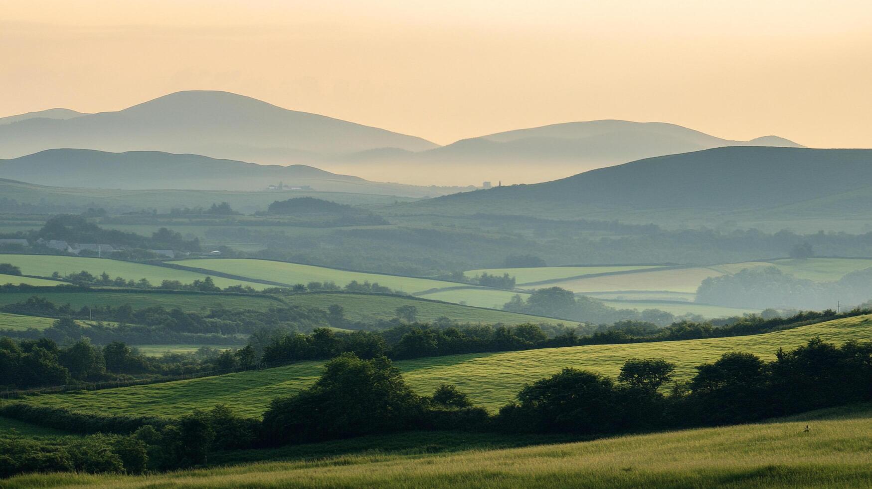 A tranquil landscape featuring rolling green hills and distant mountains shrouded in a soft, hazy light. Natural beauty and peaceful scenery. photo