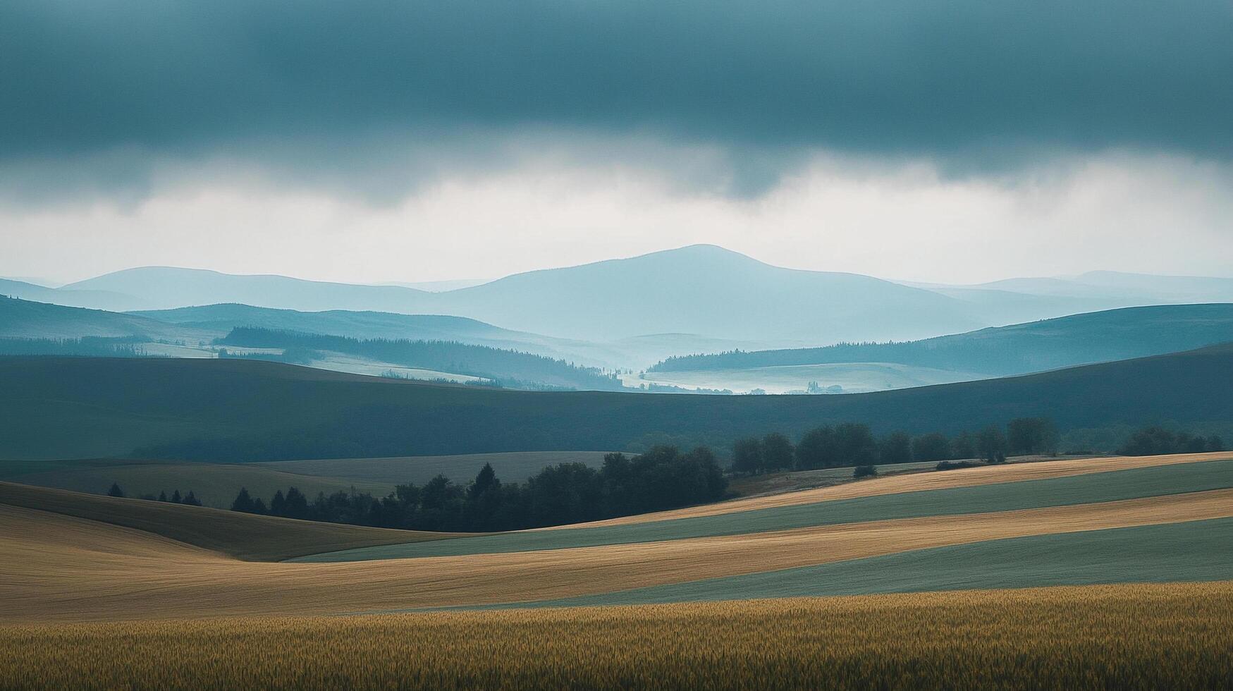 Rolling hills and mountain landscape with atmospheric light. Serene nature scene with a sense of tranquility and vastness. photo
