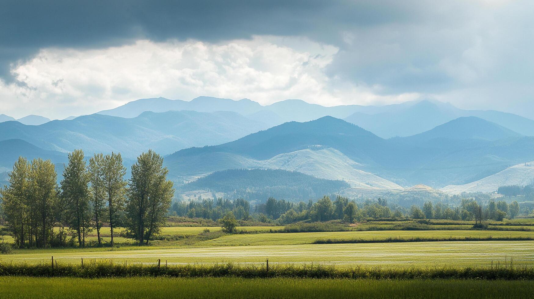 Verdant field leading to misty mountains beneath a cloudy sky, creating a serene rural landscape with a natural color palette. photo