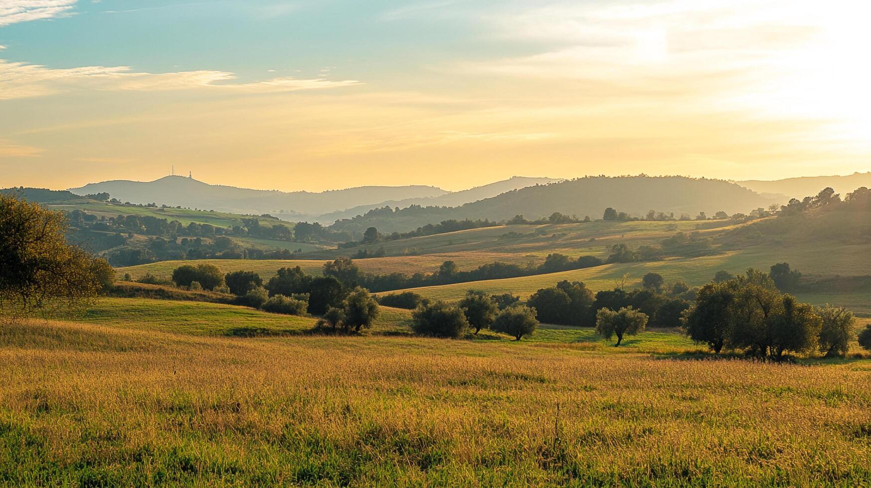 Rolling hills with golden grass and scattered trees under a soft, warm sky. A tranquil countryside scene with a distant mountain silhouette. photo