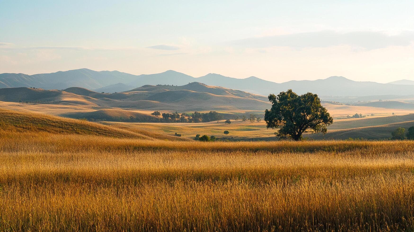 Golden field leading to distant hills with a solitary tree basking in the soft light. Serene landscape under a bright sky. photo