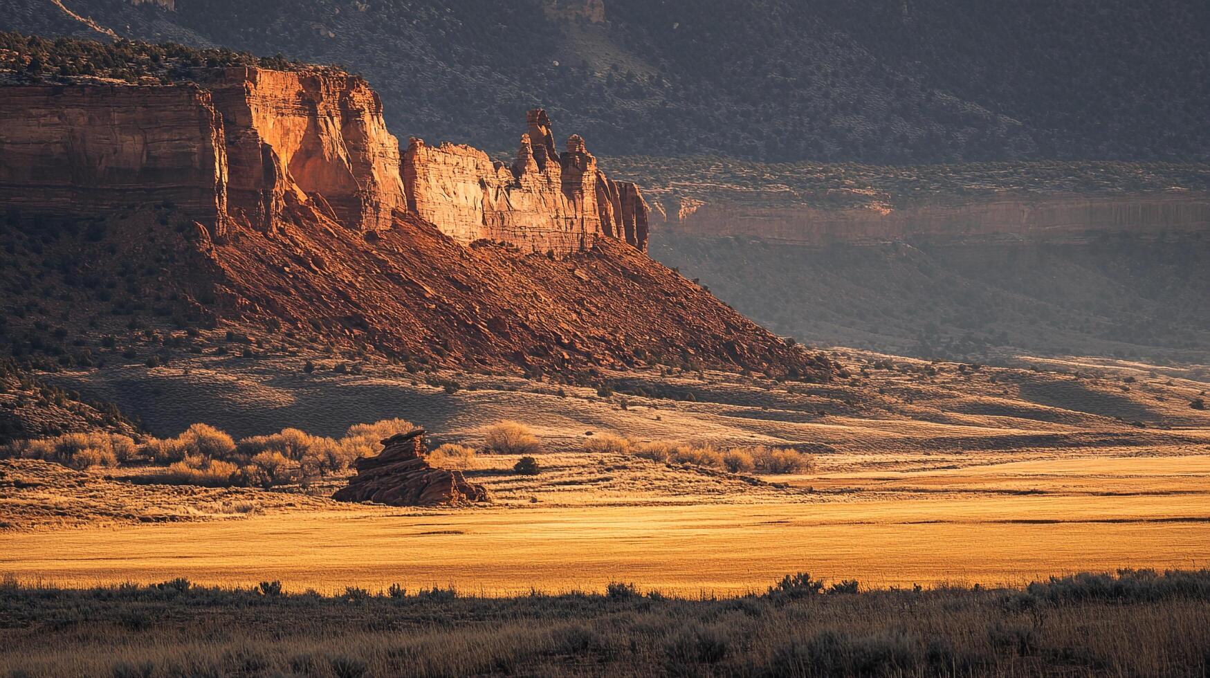 Stunning landscape of rock formations, a golden plain, and distant mountains create a dramatic vista bathed in warm sunlight. photo