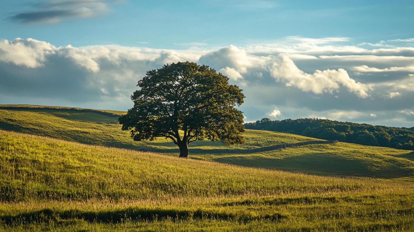 A verdant field, kissed by the sun's glow, is graced by a solitary tree standing tall against the backdrop of a picturesque sky and clouds. photo