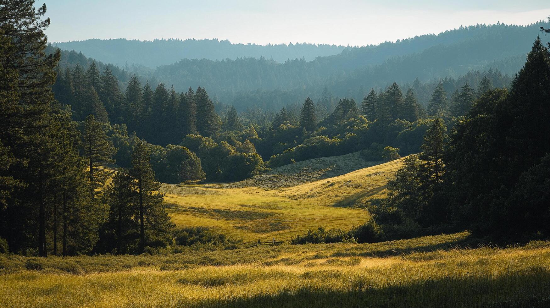 Lush valley landscape, serene golden meadow. A peaceful, untouched natural haven of scenic hills, green trees, and grassy fields. photo