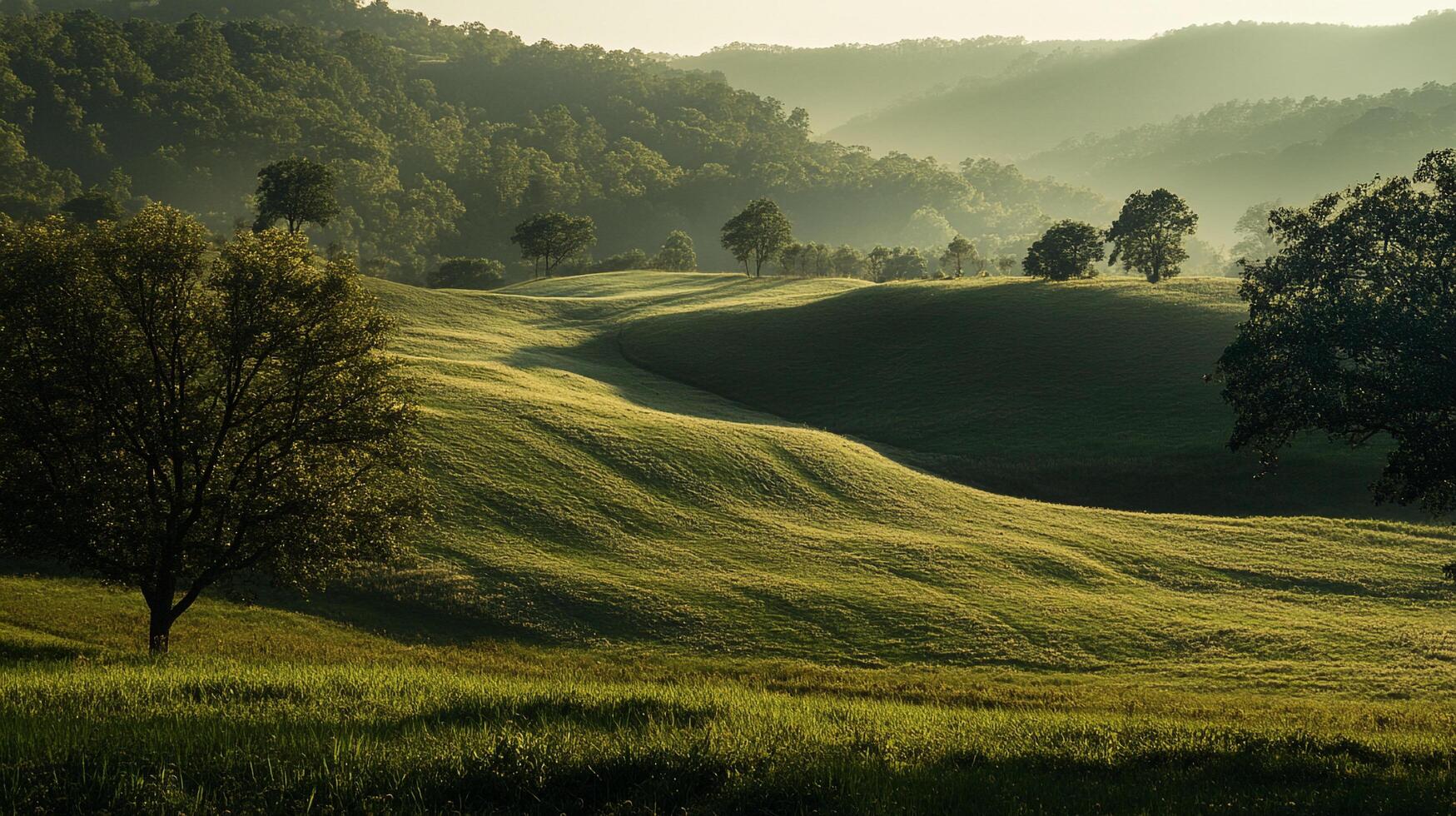 Lush green hills, a serene landscape with trees dotting the horizon, bathed in soft, early morning light. Nature's beauty unfolds. photo