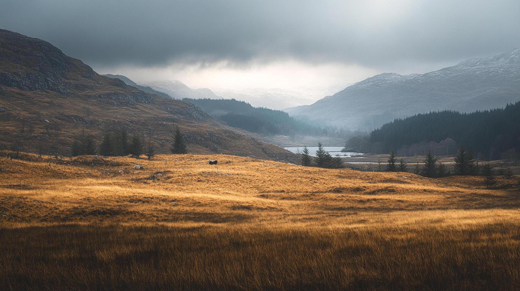 Misty highlands landscape with golden grasses, mountains, and a serene loch under a cloudy sky. Nature's grandeur unfolds. photo