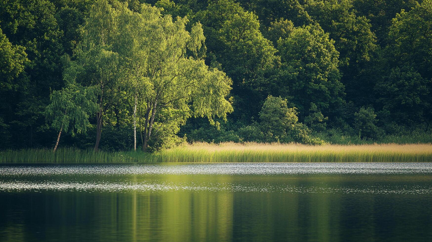 A tranquil lakeside scene featuring lush greenery and calm water reflecting the surrounding forest in a picturesque natural setting. photo