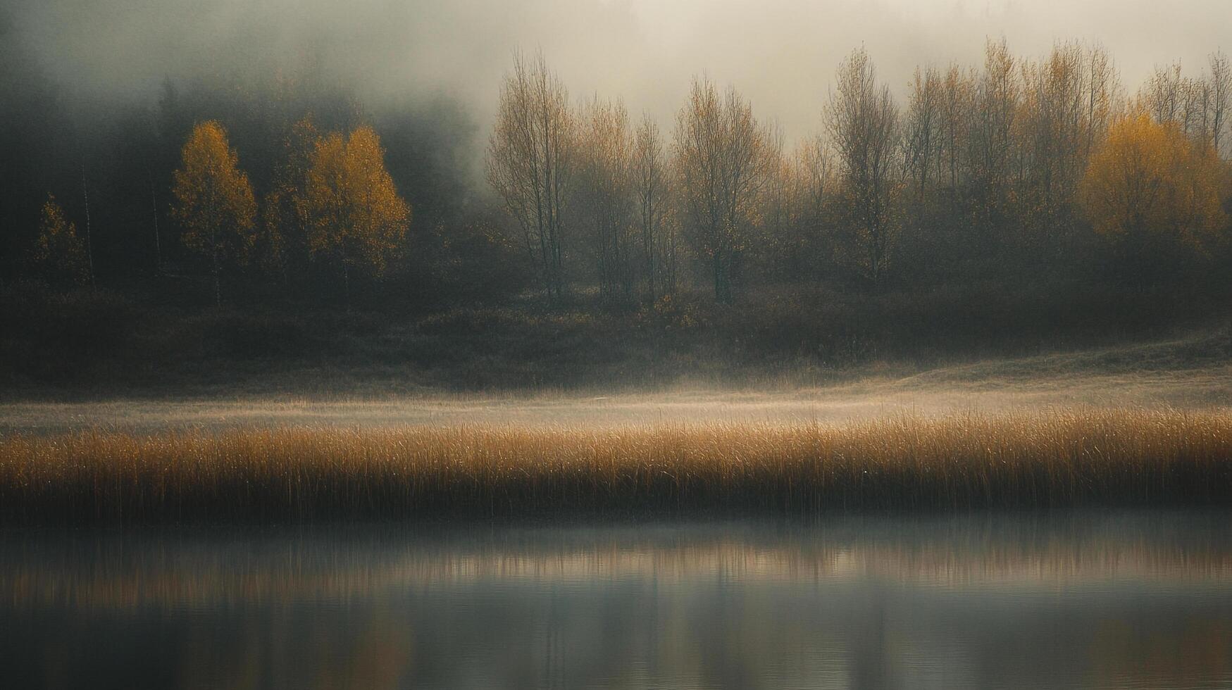 Still lake reflects misty forest, its calm surface mirroring autumn's golden hues in serene tranquility. Nature's embrace is felt. photo