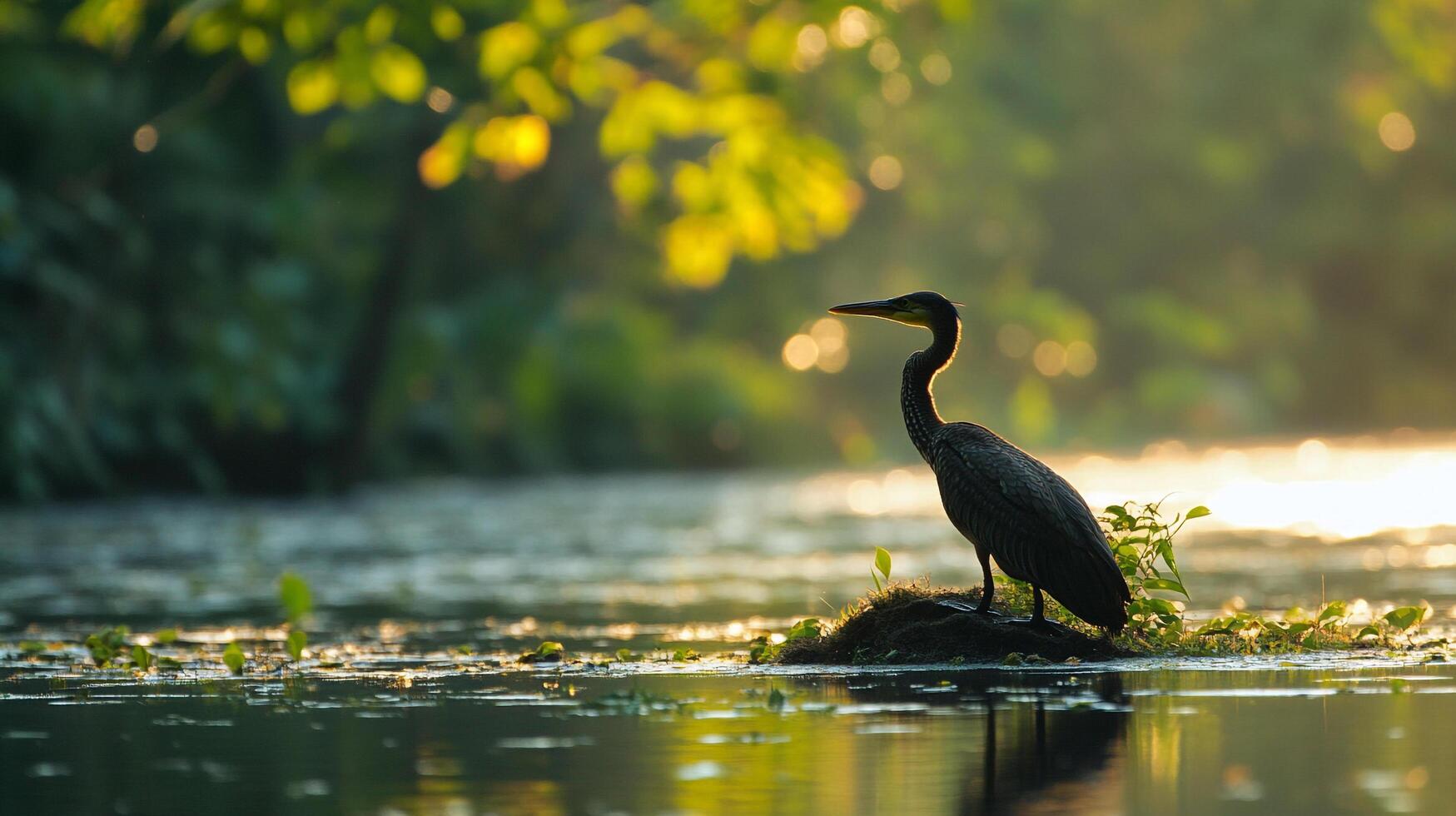 Solitary cormorant on small island, basks in golden sunlight amidst a serene lake, creating a moment of natural beauty and tranquility. photo