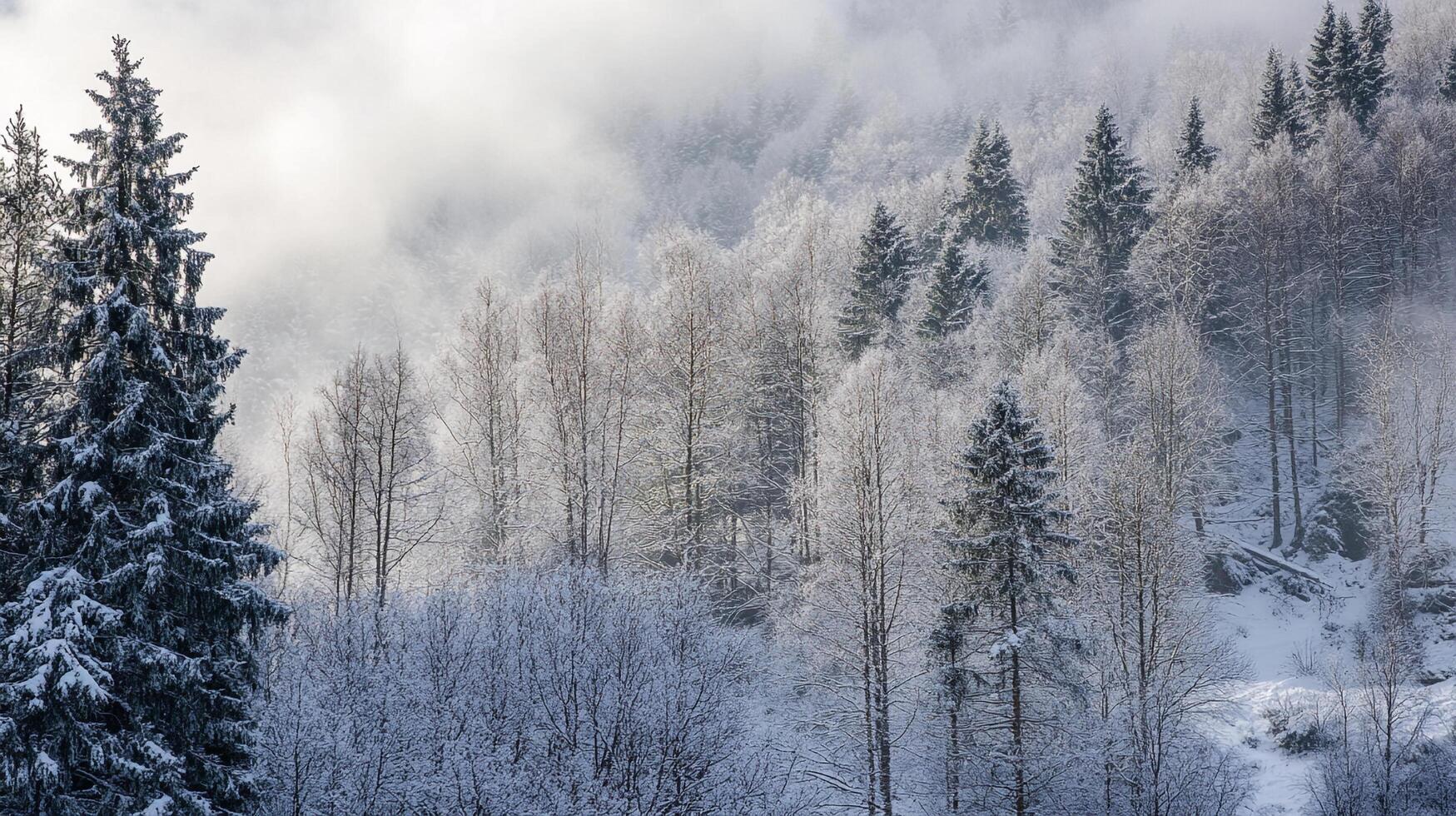 Snowy forest landscape with trees, fog and winter scenery on an overcast day. Snow covered trees and forest covered with light snow. photo