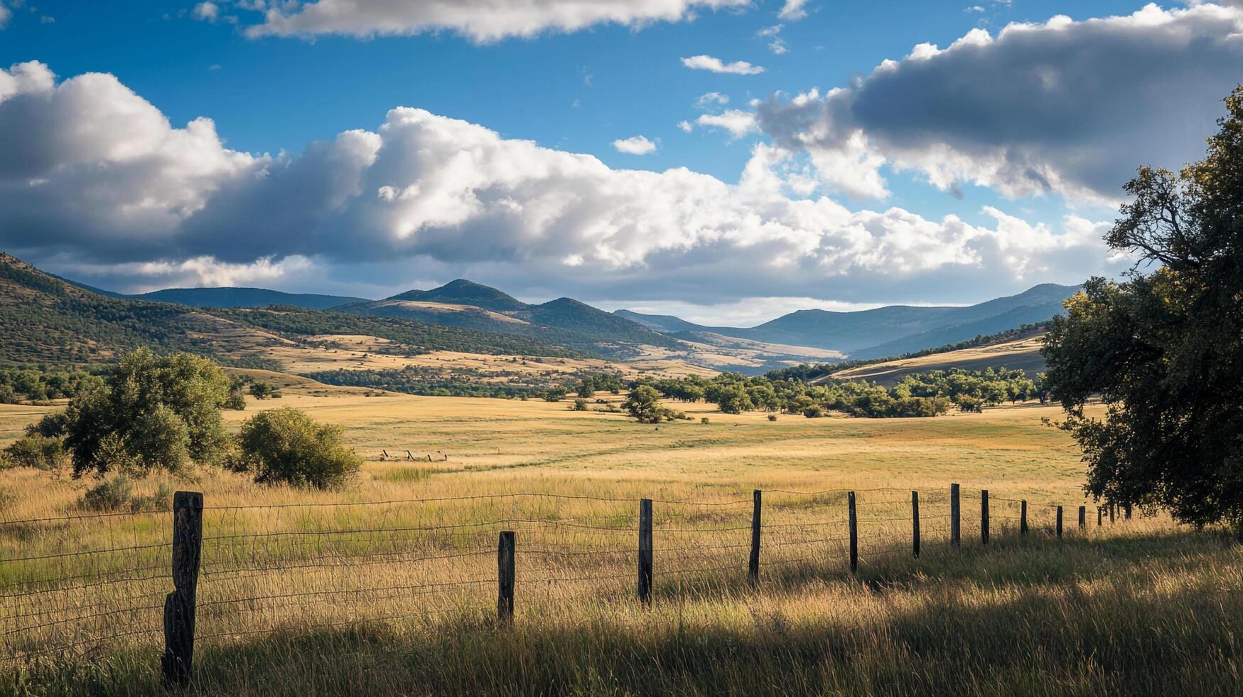 Expansive golden valley beneath a dynamic sky, framed by a weathered fence, showcasing nature's serene beauty and vast open spaces. photo