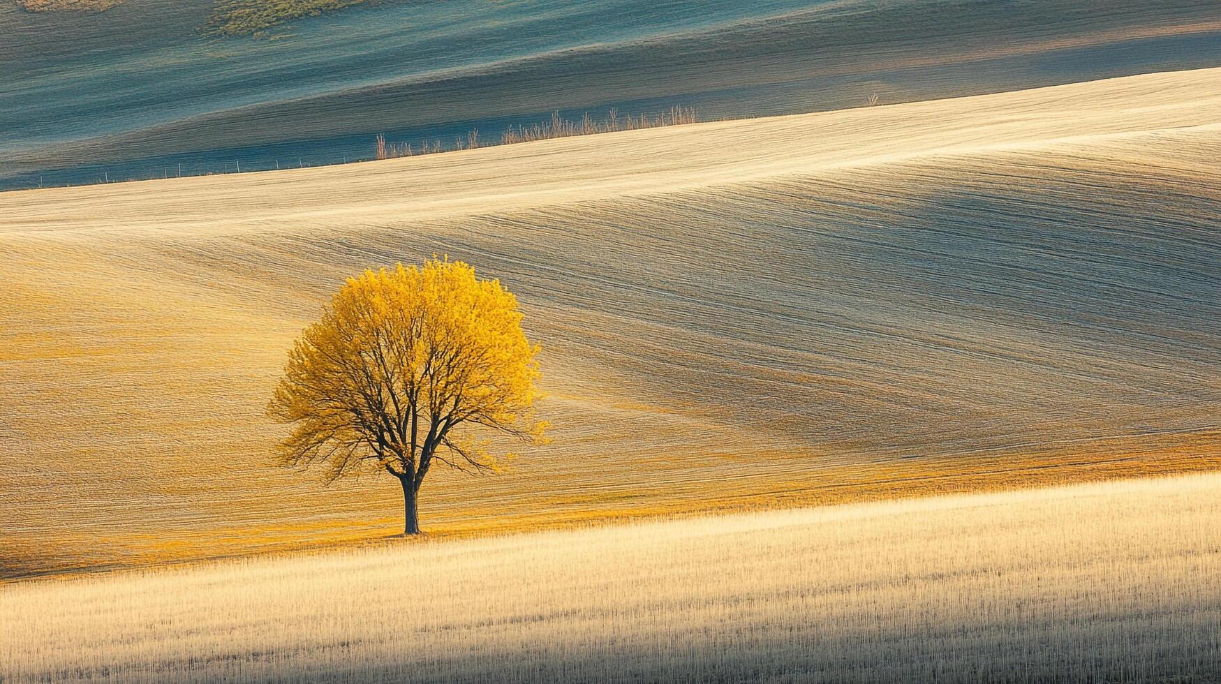 Golden tree amidst rolling plains, its vibrant leaves contrasting with the serene landscape of textured fields and gentle gradients photo