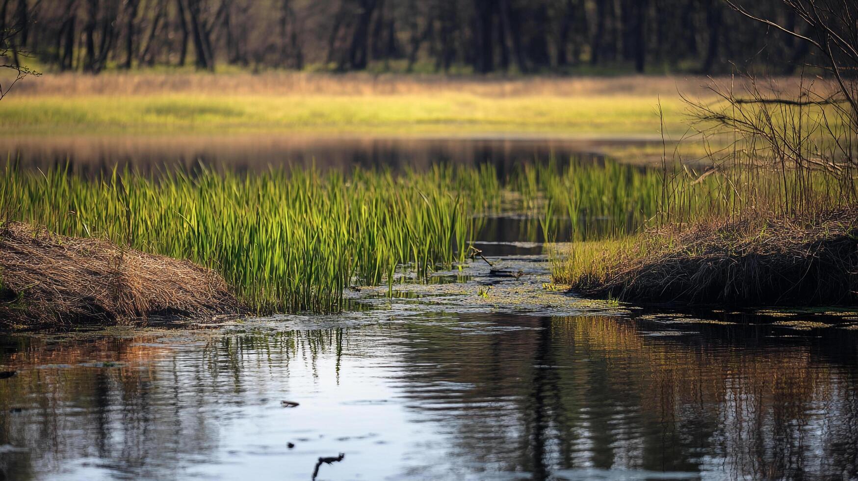 Tranquil wetland scene with grassy vegetation and water reflections, capturing the serene beauty of nature's ecosystem. photo