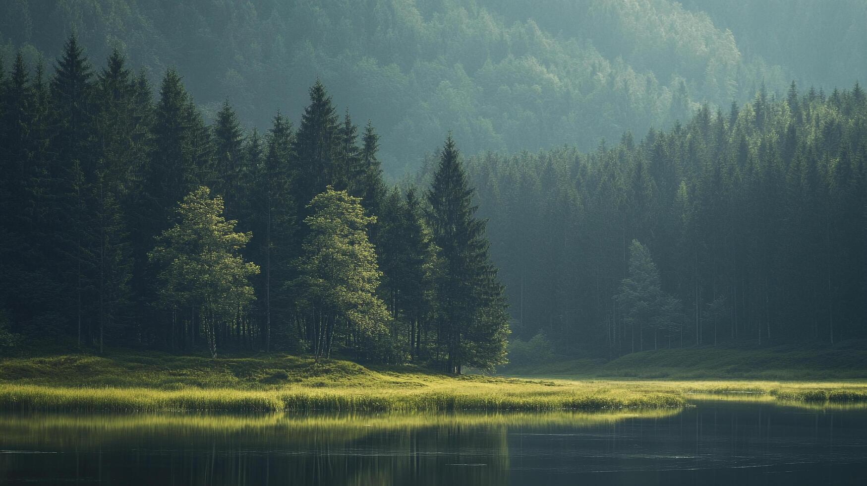Serene lakeside view with dense forest. A tranquil nature scene with peaceful reflections and a lush, green landscape. photo