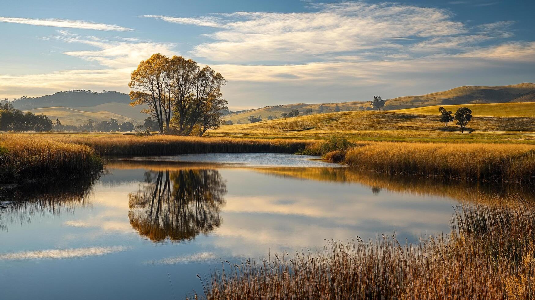 Serene waters reflect nature's embrace, as trees and sky mirror each other in tranquil harmony, creating a scenic moment. photo