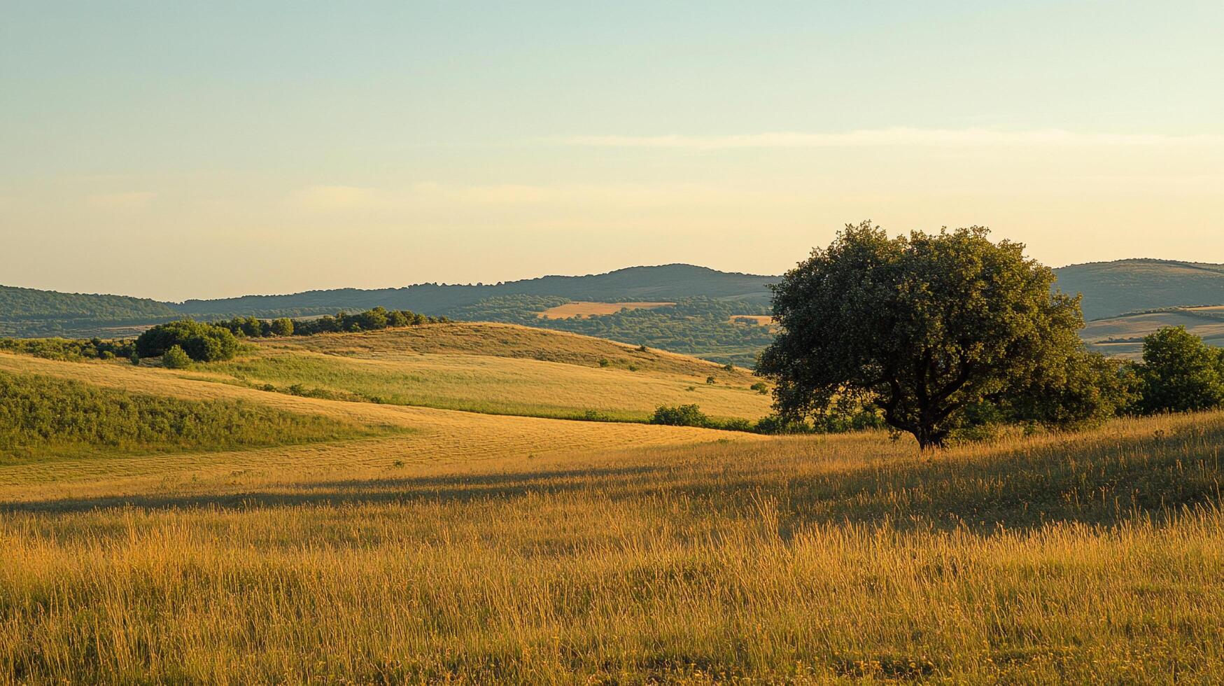 Golden field landscape with hills and a solitary tree under a clear sky, capturing the beauty of nature's serene and peaceful view. photo