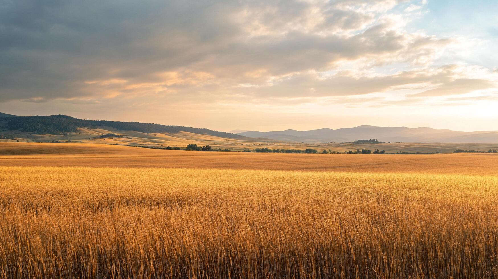 Golden wheat field stretches to meet distant mountains beneath a dramatic sky. Sunset paints the landscape in warm, glowing hues. photo
