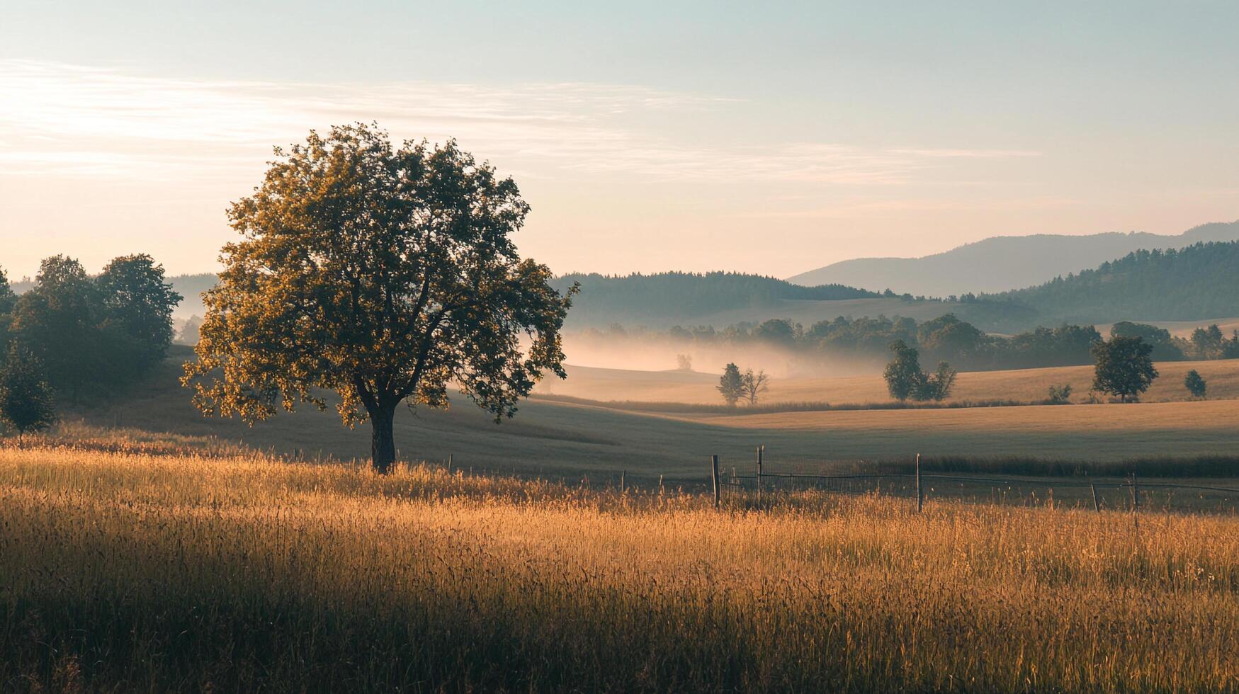 Serene landscape with a lone tree standing majestically in a field, bathed in the warm glow of sunrise, with mist over distant mountains. photo