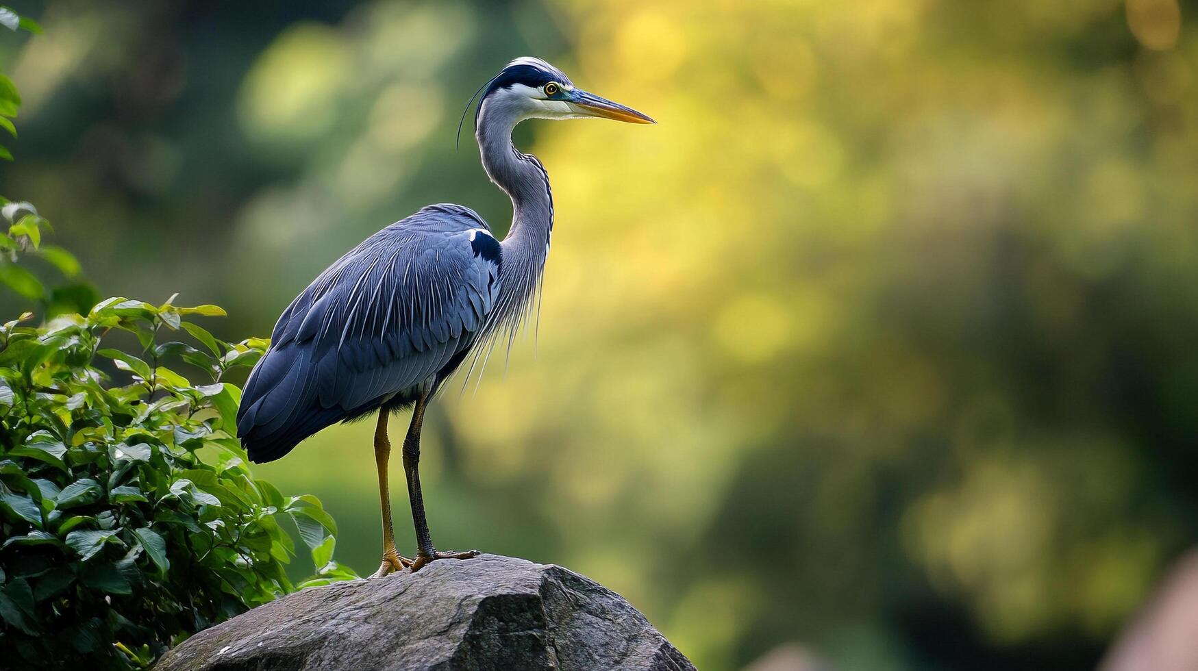 Elegant heron perched on a rock, a serene portrait of wildlife in its natural habitat, captured against a lush, out-of-focus backdrop. photo