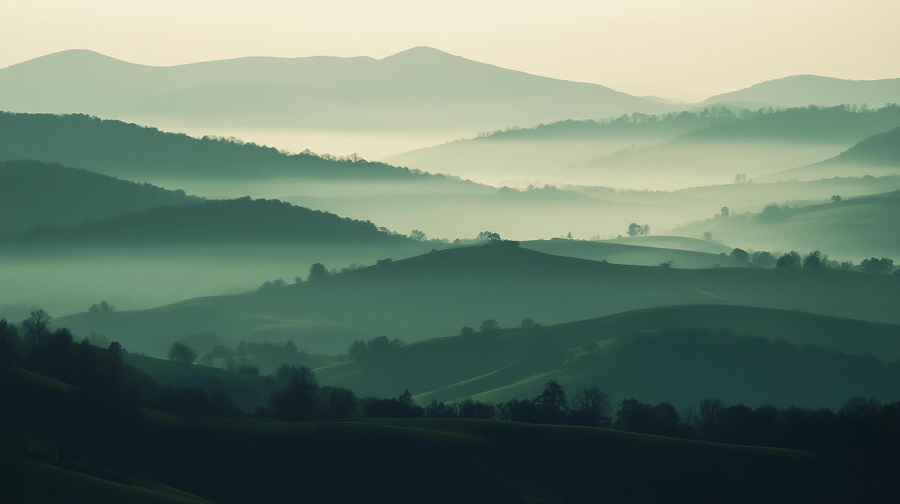 Misty mountain layers create a calming and scenic landscape, with soft hues and gentle contours, evoking a sense of serenity. photo