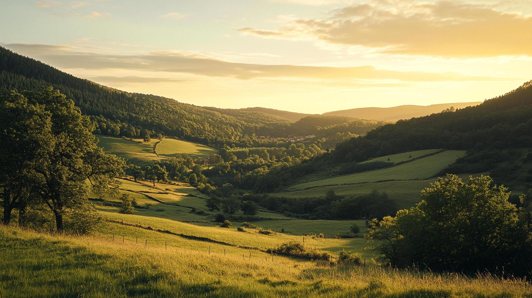 Verdant valley landscape at sunset, with rolling green hills and dense forests. A serene and idyllic scene with sunlight. photo