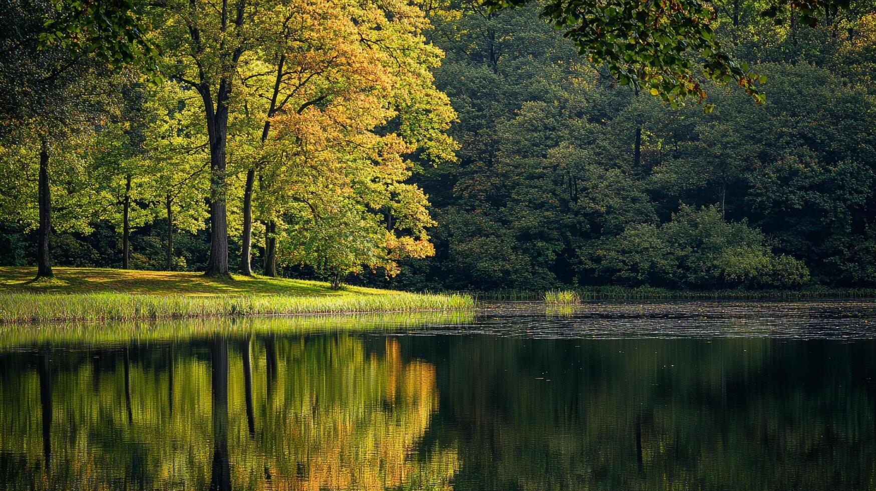Autumnal reflections shimmer on a tranquil lake, where vibrant foliage meets serene waters in a picturesque natural scene. photo