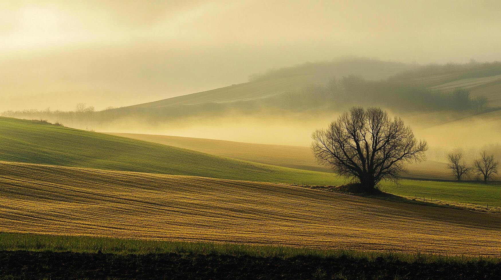 Golden fields meet the misty horizon in this serene landscape. A lone tree stands silhouetted against the soft, diffused light. photo