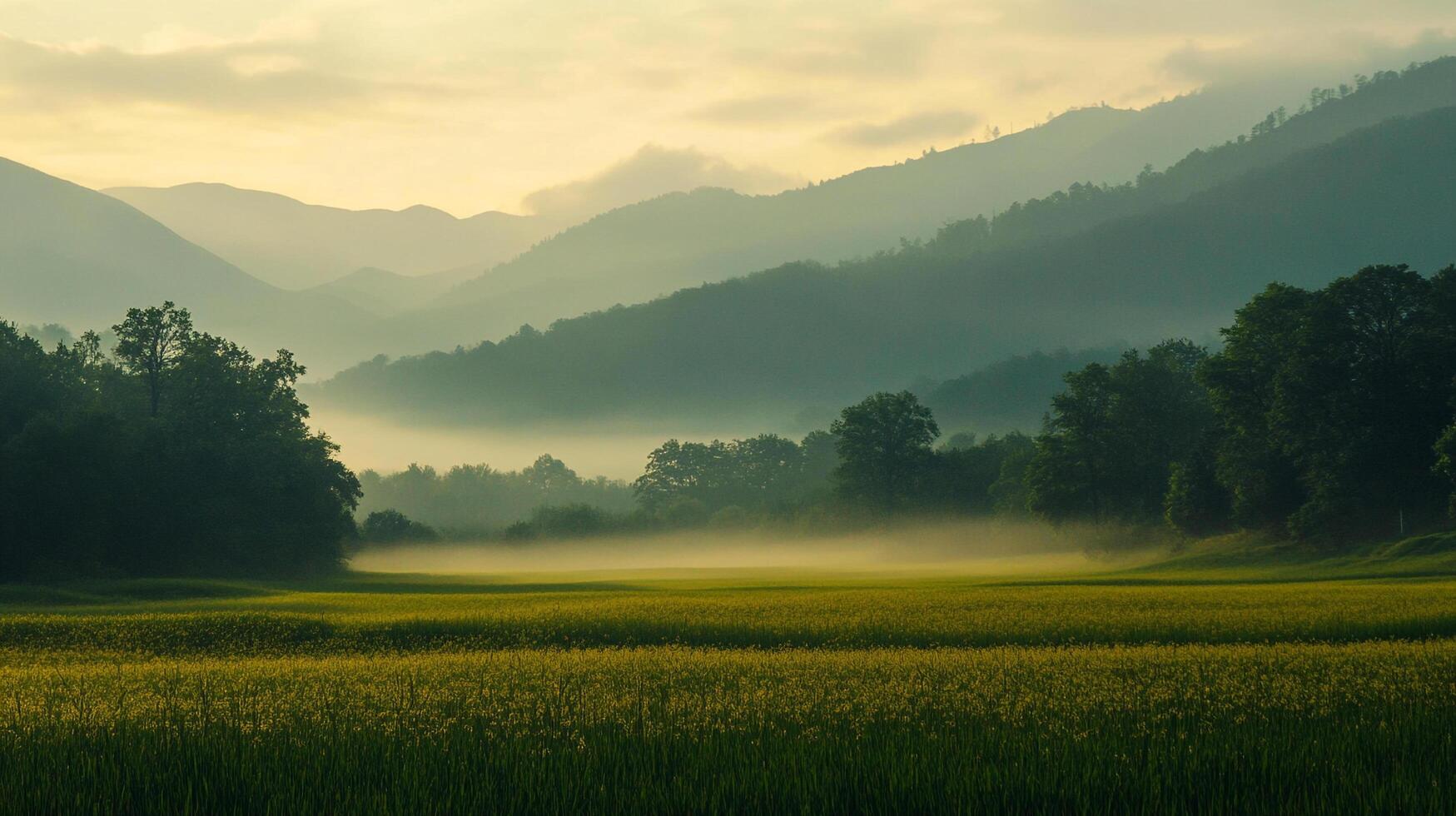 Golden meadow and mist-shrouded mountains create a serene landscape. Nature's tranquil beauty shines through the foggy atmosphere. photo