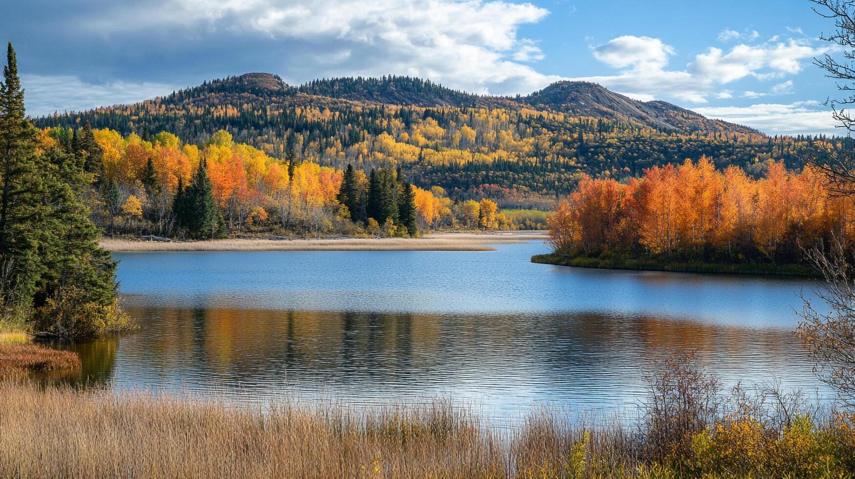 Picturesque lake reflecting vibrant autumn foliage against a backdrop of forested hills under a partly cloudy sky. Scenic views abound. photo