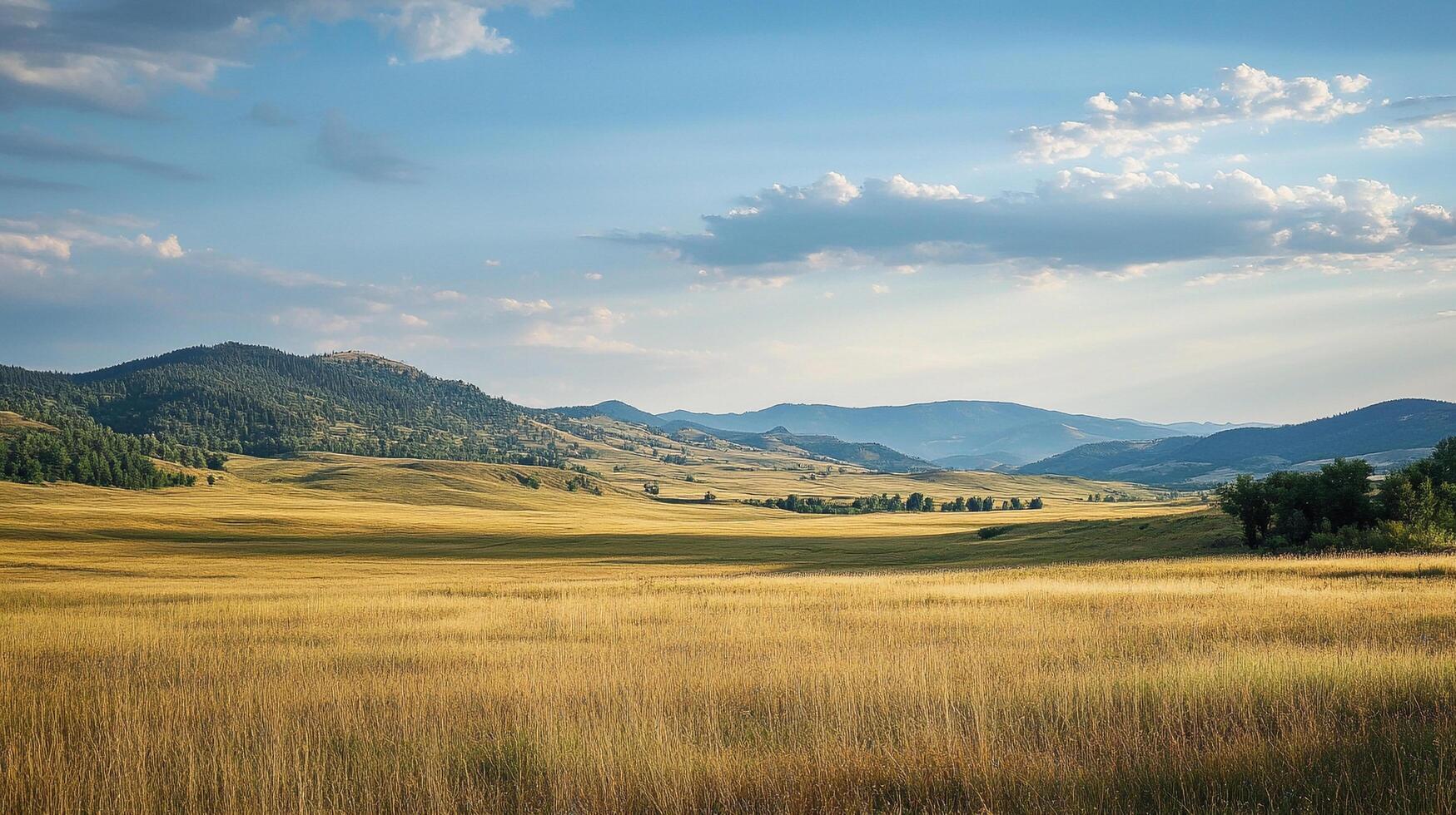 Golden field stretches towards distant mountains under a blue sky with scattered clouds, evoking a sense of tranquility and vastness. photo