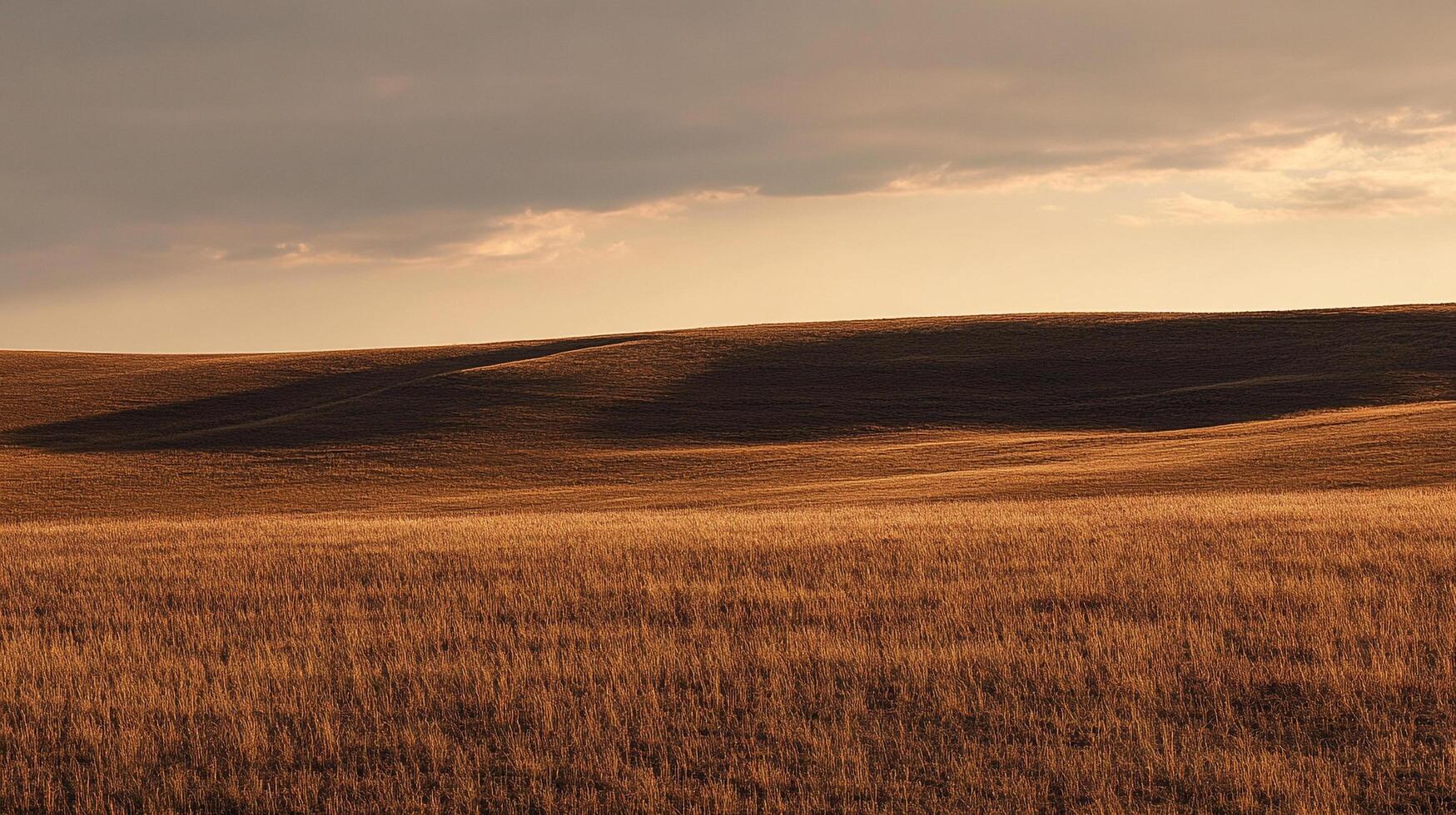 Golden landscape with grassy plains and rolling hills underneath a soft sky with clouds, casting shadows over the serene scenery. photo