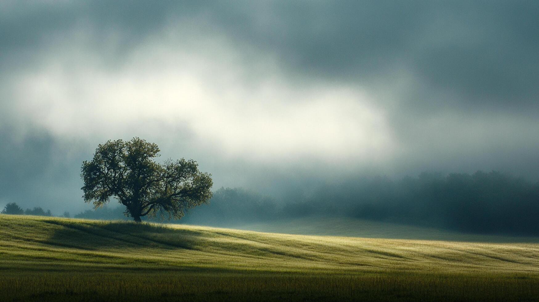 Solitary tree in a serene field, shrouded in mist under a cloudy sky, evokes peace and solitude. Nature's beauty captured. photo