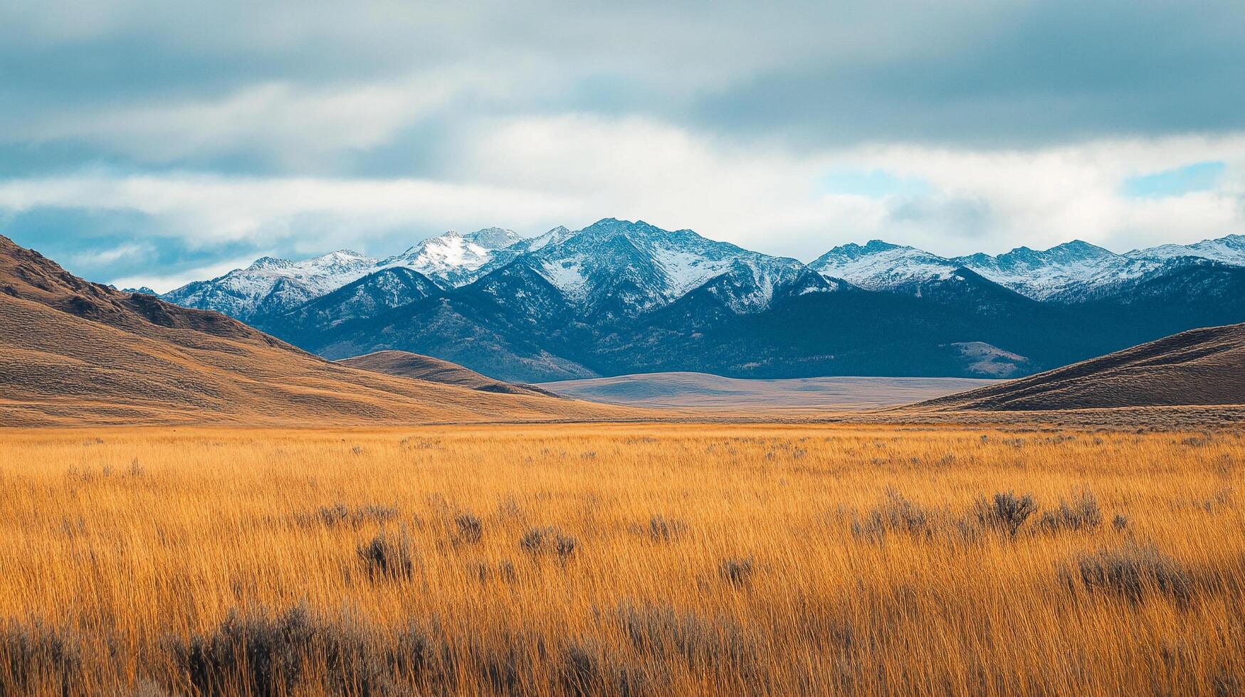 Mountains stand tall behind golden grasses, capped with snow and set against a cloudy, blue sky, showcasing nature's majesty. photo