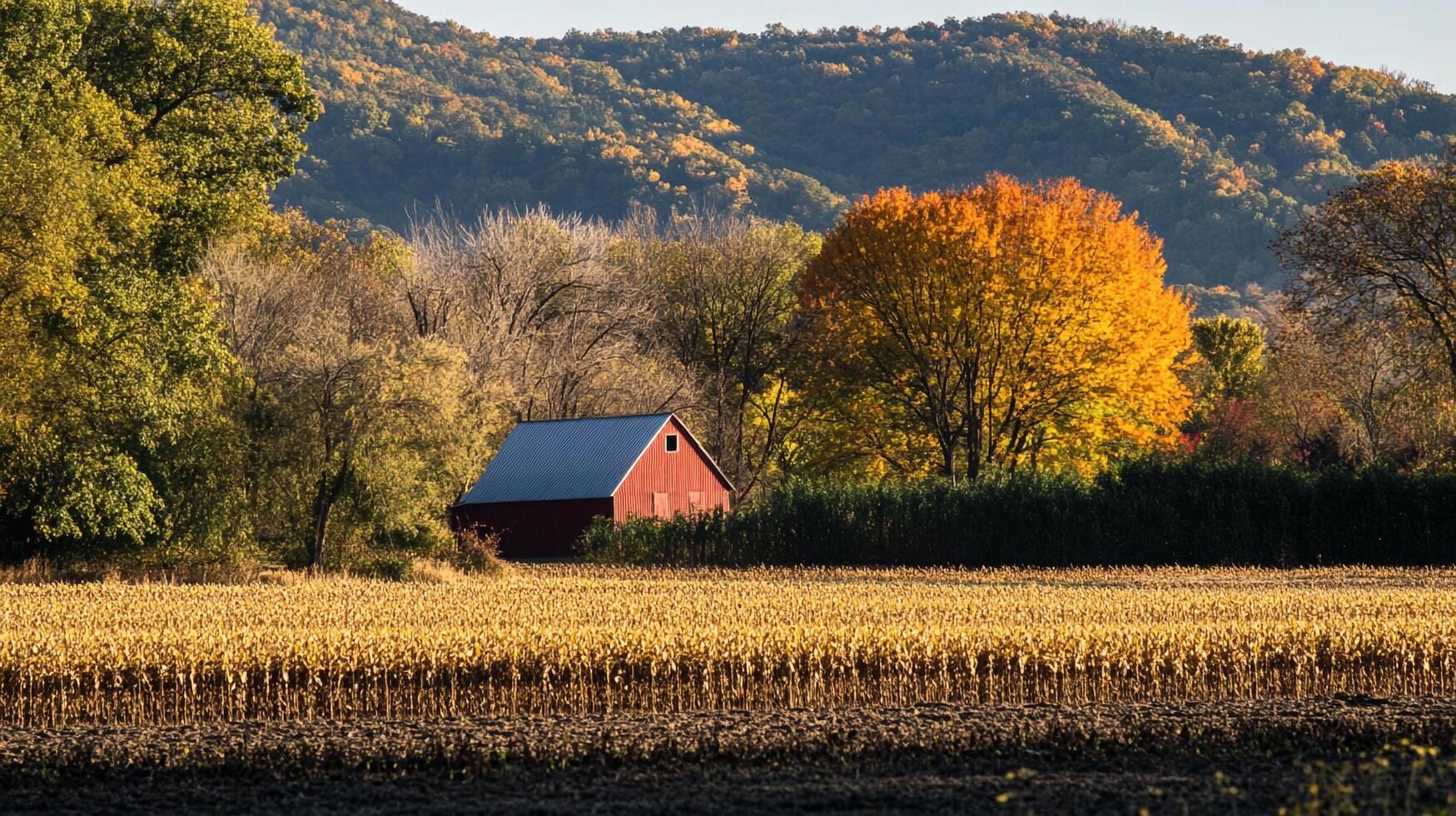 Autumn field view with red barn amidst colorful foliage and rolling hills backdrop on sunny day, showcasing rural charm. photo