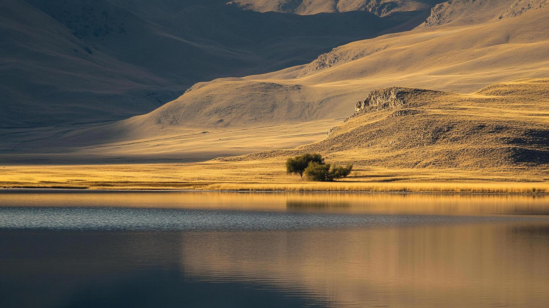 Scenic landscape featuring a serene lake mirroring grassy hills under soft light, emphasizing nature's calm beauty and tranquil reflection. photo