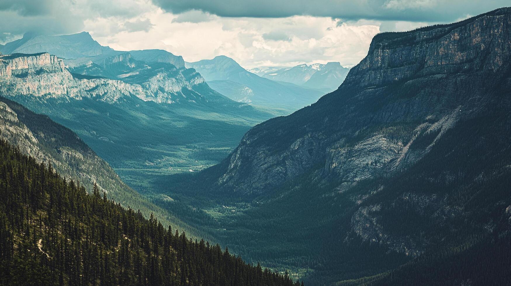 Scenic mountain valley with textured rock faces, evergreen forests, and a cloudy sky, creating a picturesque and calming landscape. photo