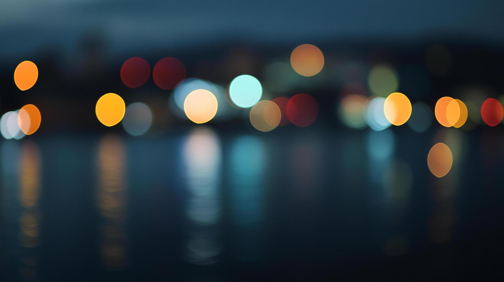Abstract nightscape with blurred lights over water, creating a dreamy and vibrant bokeh effect. Reflections add depth to the scene. photo