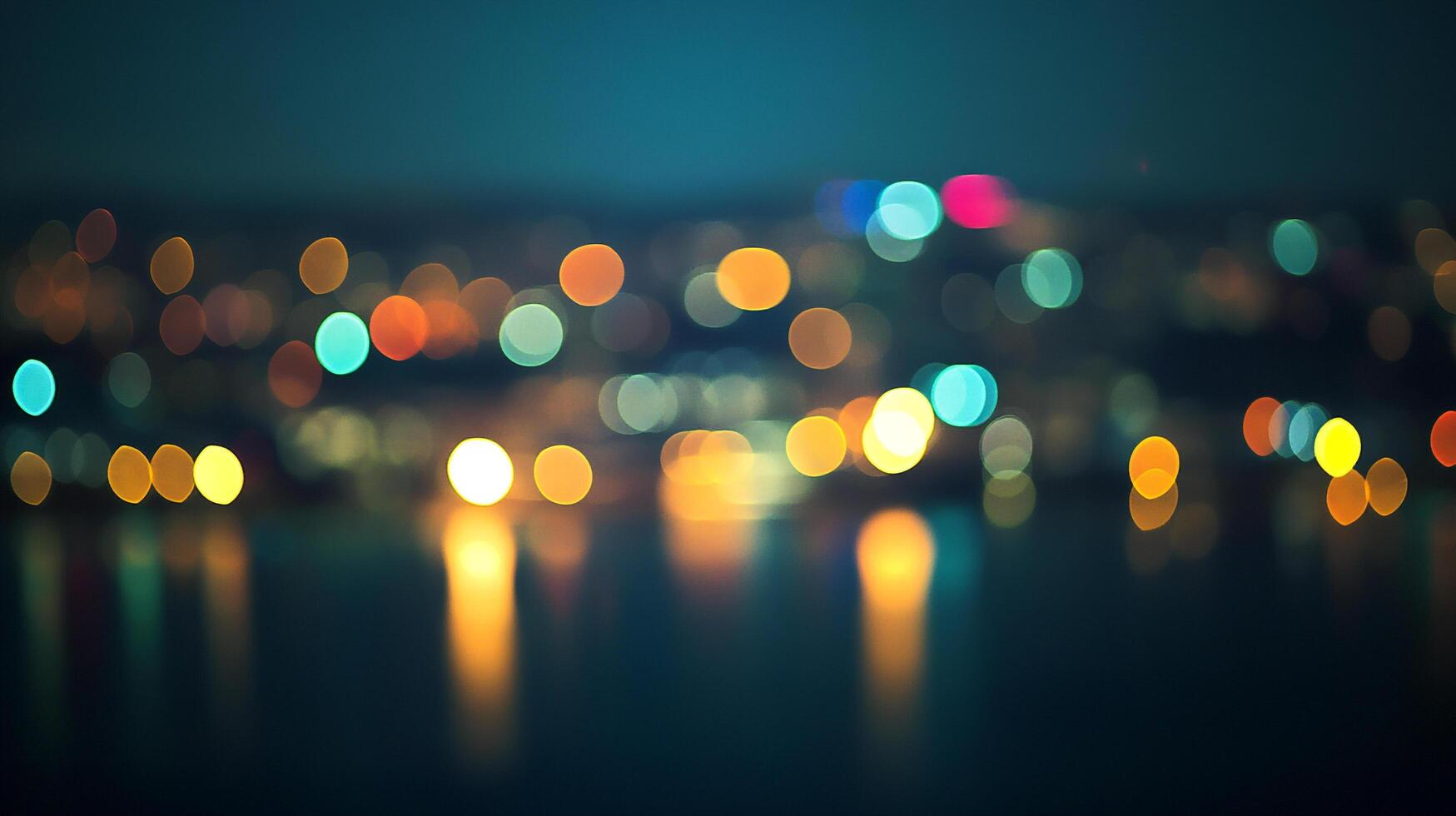 Blurred night city lights over water, reflecting the colorful bokeh. Creates a dreamlike, serene atmosphere, with the city at rest. photo