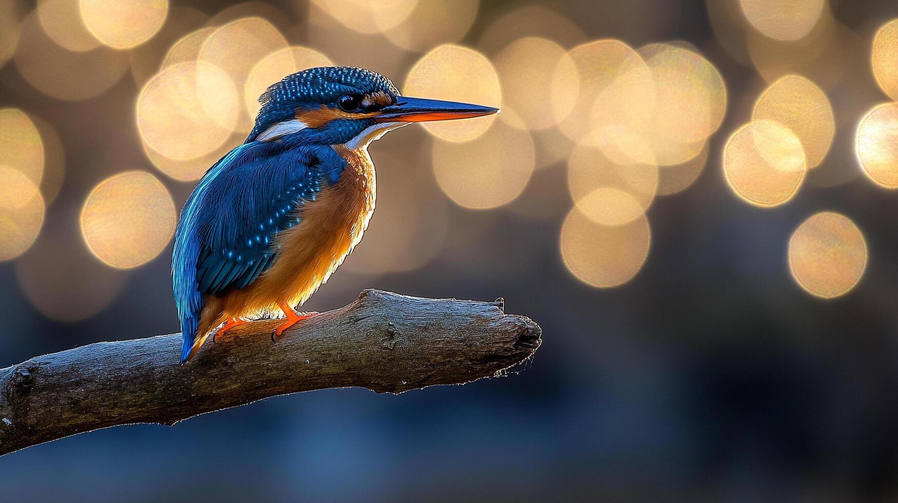 Vibrant kingfisher perched on a branch, set against a backdrop of shimmering bokeh. Nature's beauty highlighted by the soft, golden light. photo