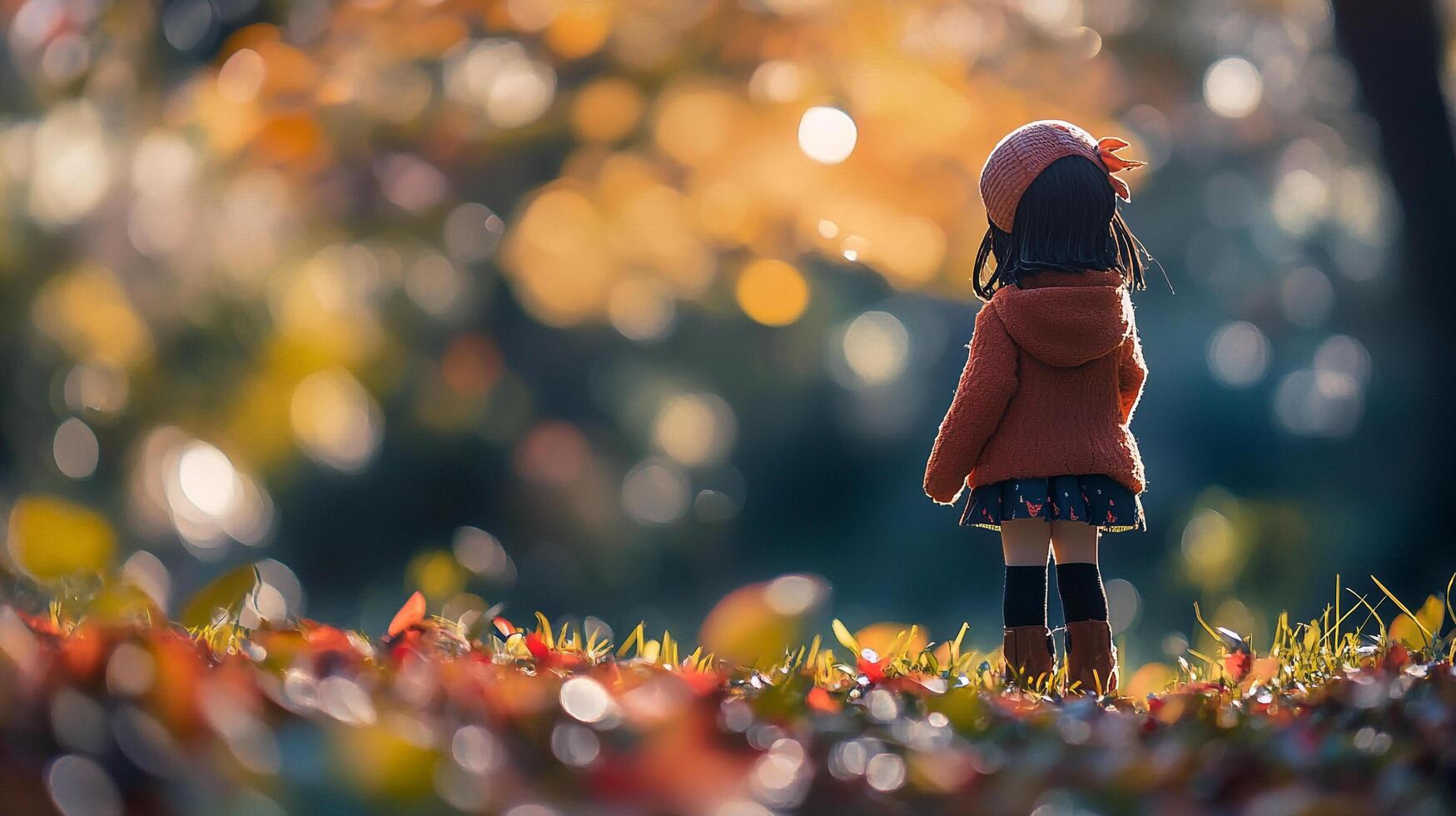 Girl gazing at the autumnal landscape, enjoying the golden light filtering through the trees, creating a peaceful and nostalgic atmosphere. photo